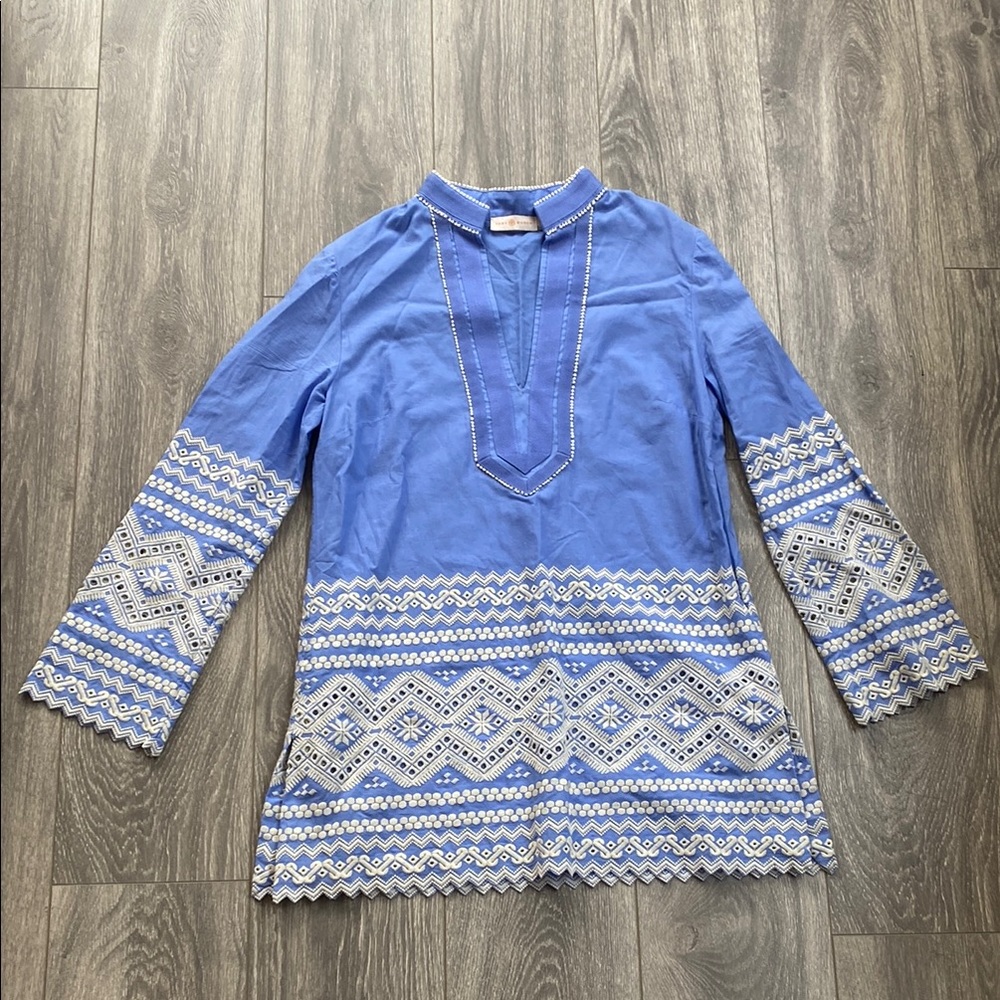 Tory Burch - 100% Cotton Blue w/ White Embroidered Traditional Kurta - Size 10